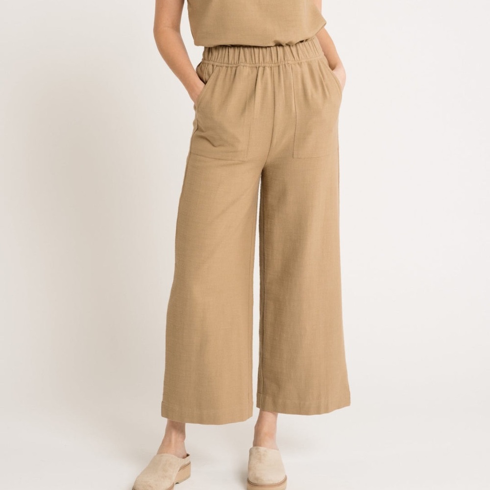 Laude the Label 100% Linen Wide Leg Crop High Rise Pants Tan M Tribe Alive